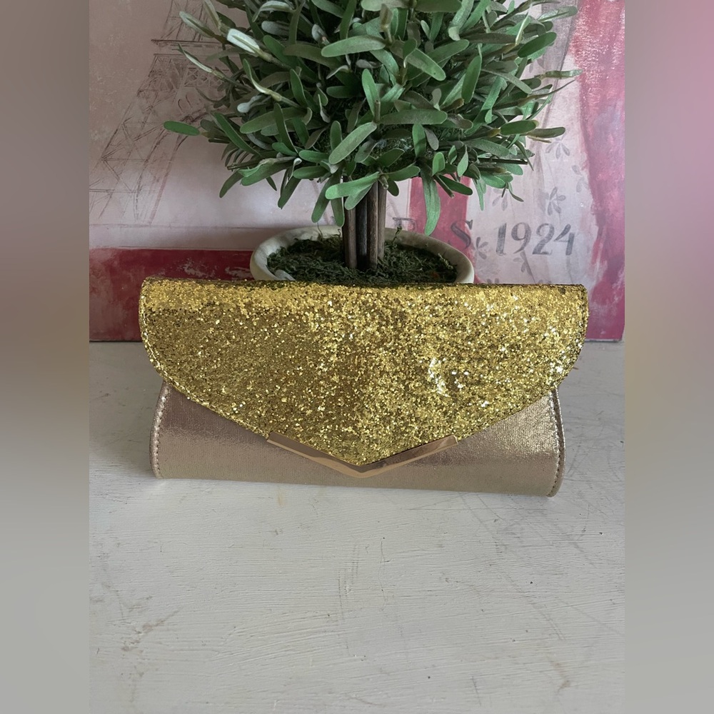 Gold Glitter Envelope Clutch Bag - Women's Evening Purse